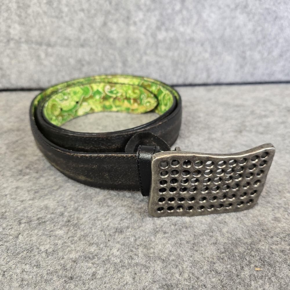 Robert Graham Belt Mens Black Leather Green Paisley Lining Silver Buckle 43"